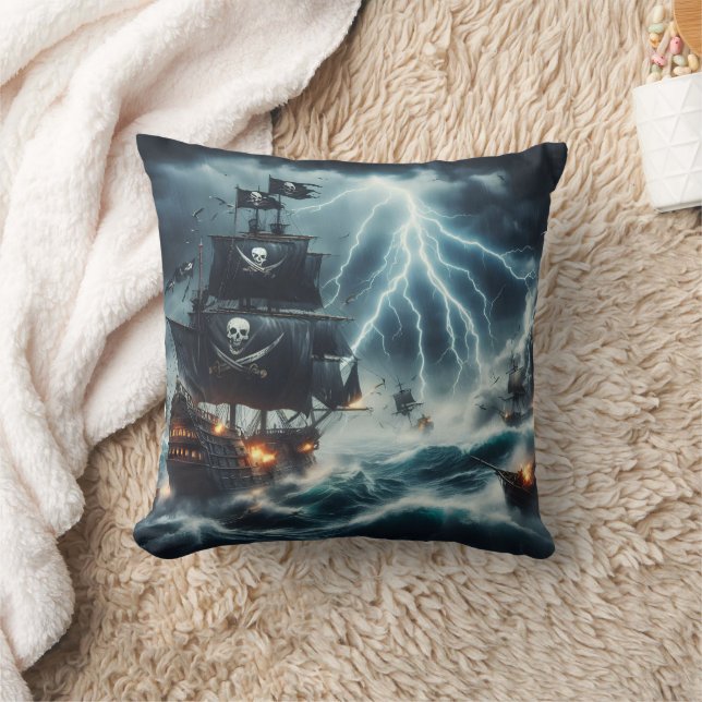 Pirate Ship Battling Stormy Seas at Night Throw Pillow (Blanket)