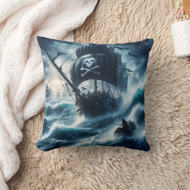 Pirate Ship Battling Stormy Seas at Twilight Throw Pillow (Blanket)