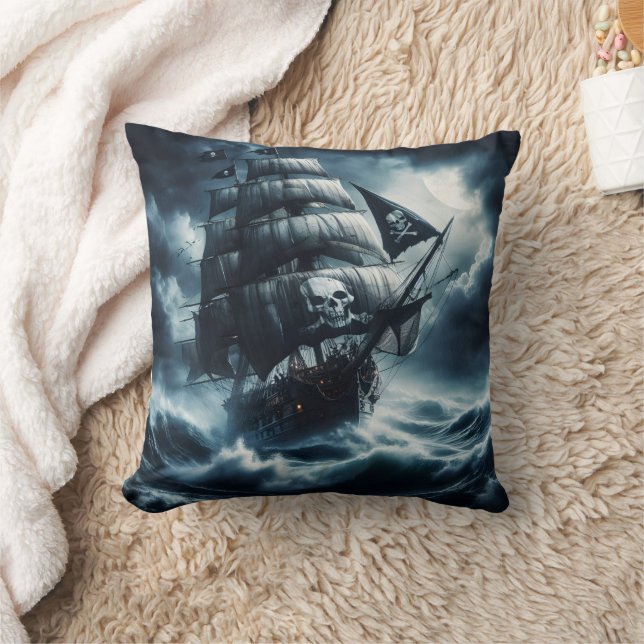 Pirate Ship Battling Stormy Seas Under Full Moon Throw Pillow (Blanket)