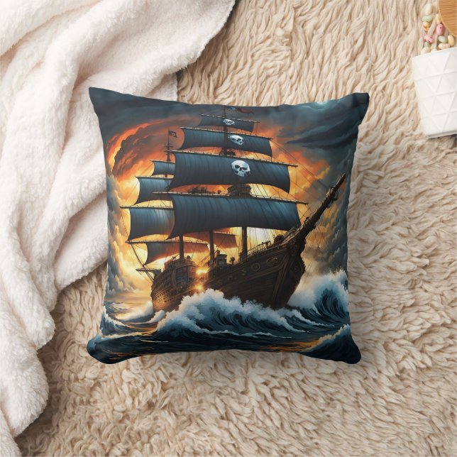 Pirate Ship Battling Waves at Dusk Throw Pillow (Blanket)