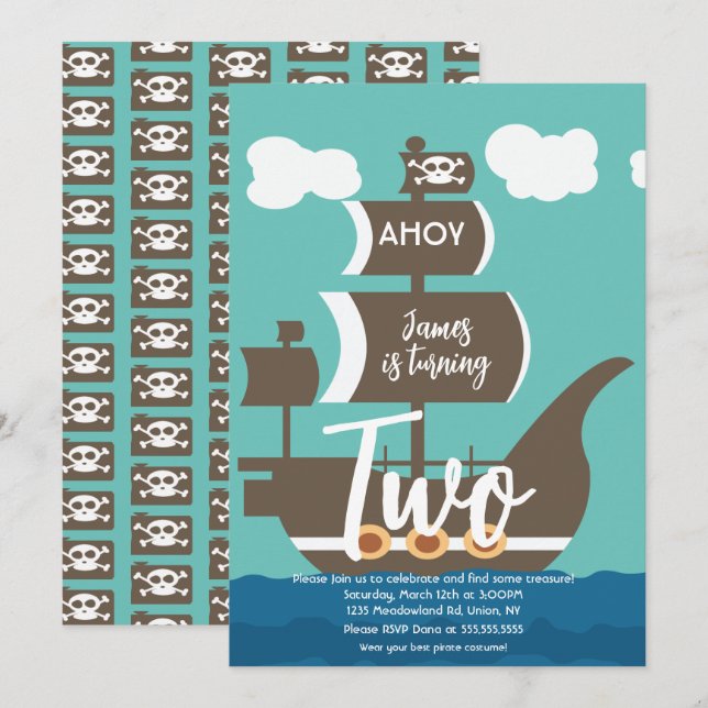 Pirate Ship Birthday Ahoy Party Any Age Teal Invitation (Front/Back)