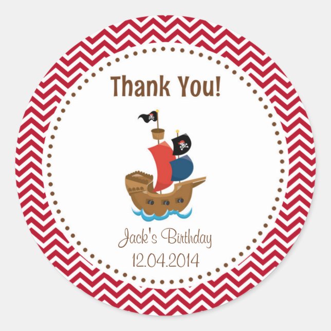 Pirate Ship Birthday Thank You Sticker Red (Front)