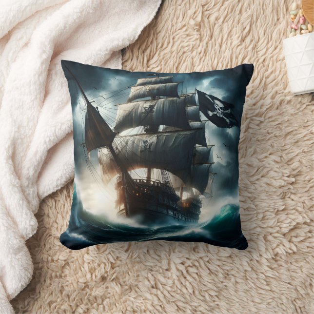 Pirate Ship Braving Stormy Seas at Dusk Throw Pillow (Blanket)
