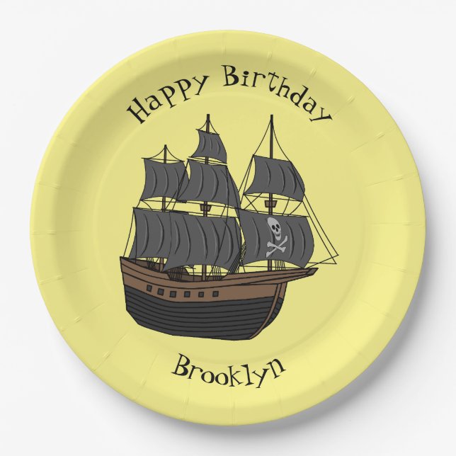 Pirate ship cartoon illustration paper plate (Front)