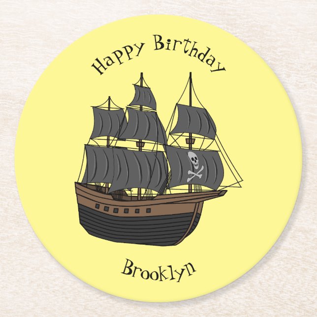 Pirate ship cartoon illustration round paper coaster (Front)