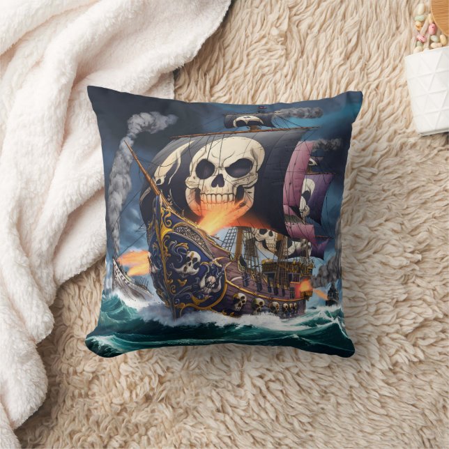 Pirate Ship Engaged in Battle on Stormy Seas Throw Pillow (Blanket)