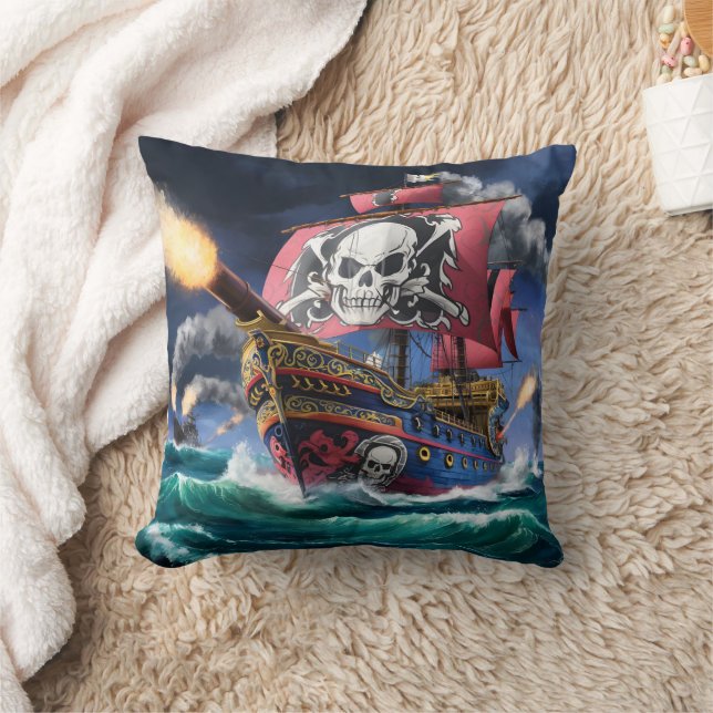 Pirate Ship Engaged in Battle on Stormy Seas Throw Pillow (Blanket)
