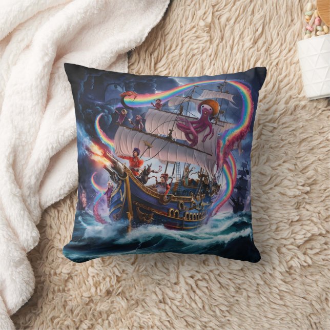 Pirate Ship Engaged in Battle Under Stormy Skies Throw Pillow (Blanket)