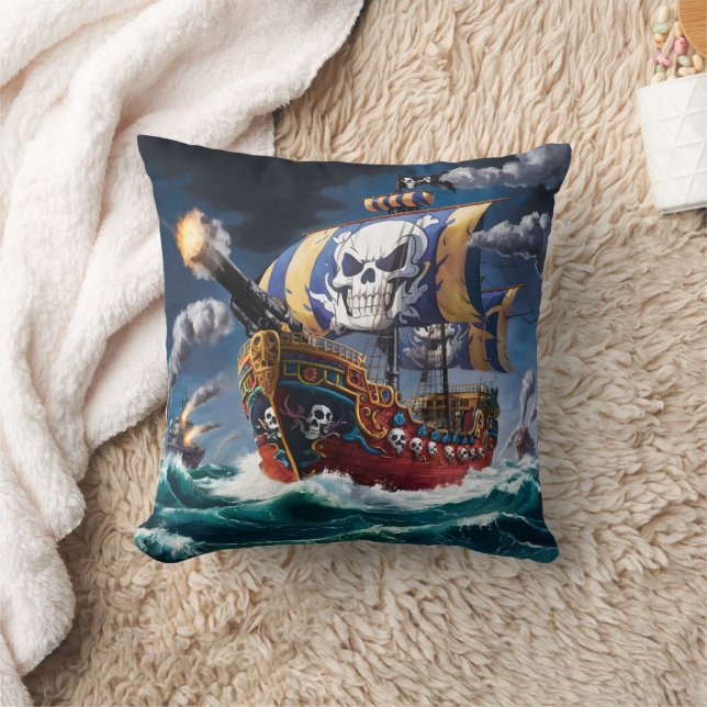 Pirate Ship Engages In Battle On Stormy Seas Throw Pillow (Blanket)