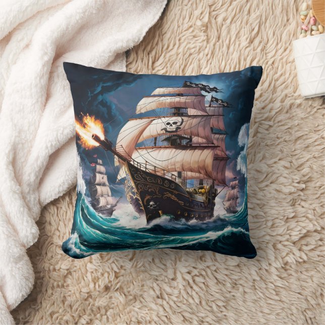 Pirate Ship Engaging in Naval Battle at Sea Throw Pillow (Blanket)
