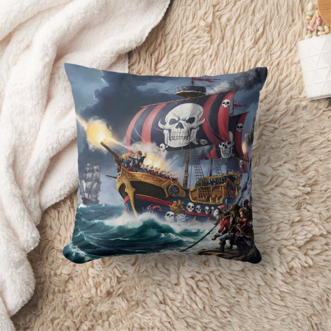 Pirate Ship Fires Cannonballs in Stormy Seas Throw Pillow (Blanket)