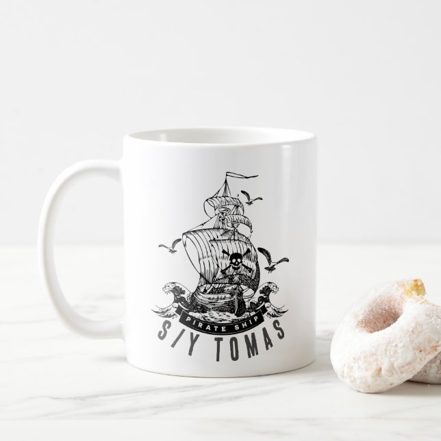 Pirate ship gift with the personalized ship name coffee mug (With Donut)