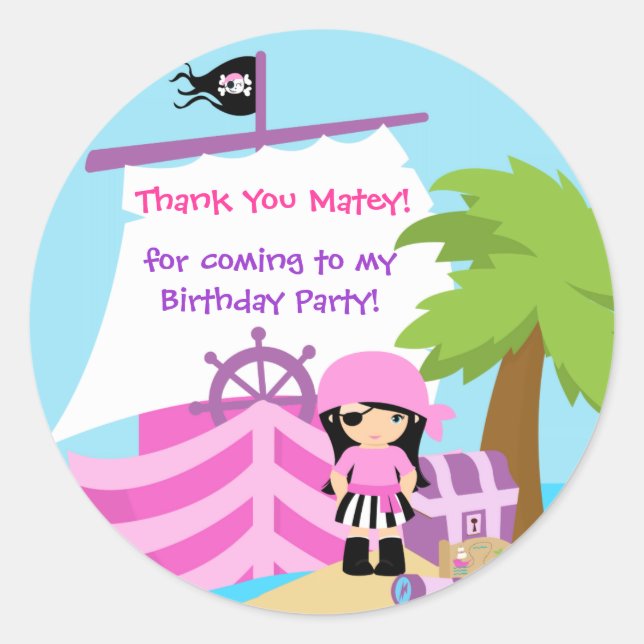 Pirate Ship Girl Birthday Thank You Sticker (Front)