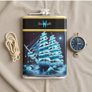 Pirate Ship Glides on Night's Shimmering  Hip Flask