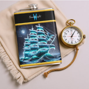 Pirate Ship Gliding Through Glowing Night Waves Hip Flask