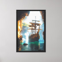 Pirate Ship in Cave Framed Canvas Wall Art