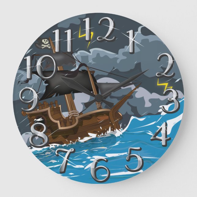 Pirate Ship in Storm Large Clock (Front)