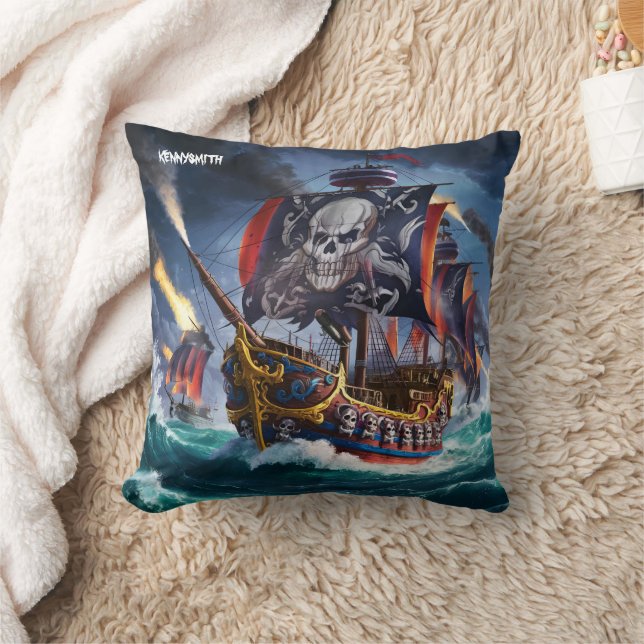 Pirate Ship in Stormy Dusk Seas Throw Pillow (Blanket)