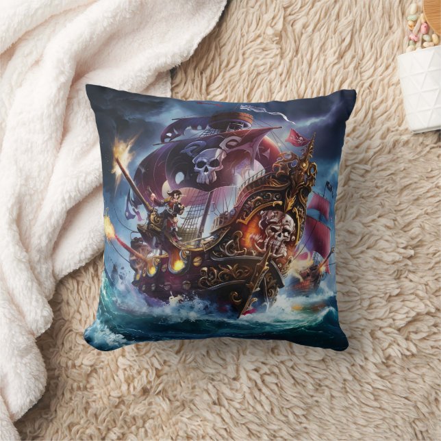 Pirate Ship in Turbulent Dusk Waters Throw Pillow (Blanket)