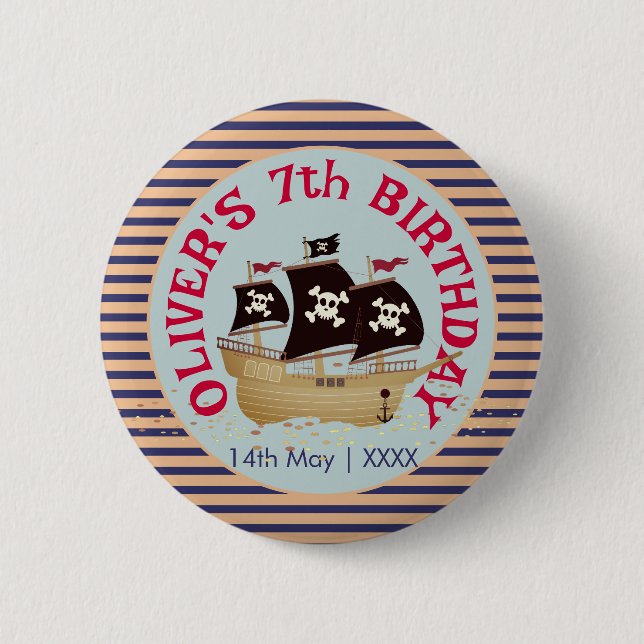 Pirate Ship Kids Birthday Party 2 Inch Round Button (Front)