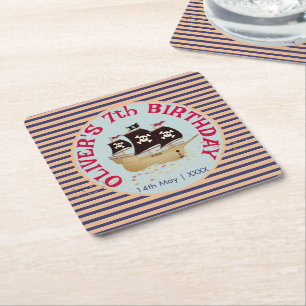 Pirate Ship Kids Birthday Party Square Paper Coaster