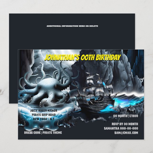 Pirate ship kraken stormy night sea spooky theme invitation (Front/Back)