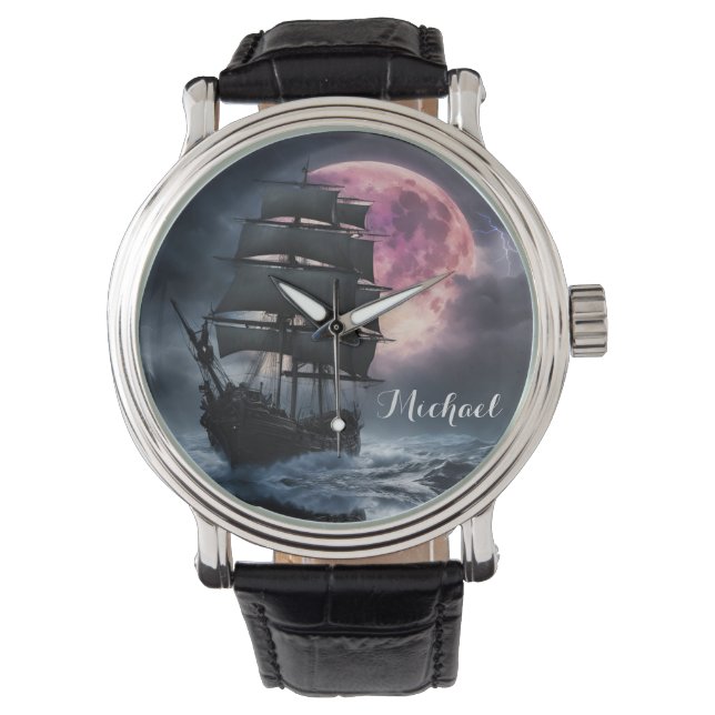 Pirate Ship lightning strawberry moon Personalize Watch (Front)