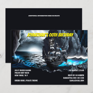Pirate ship nautical night sea moonlight mountains invitation