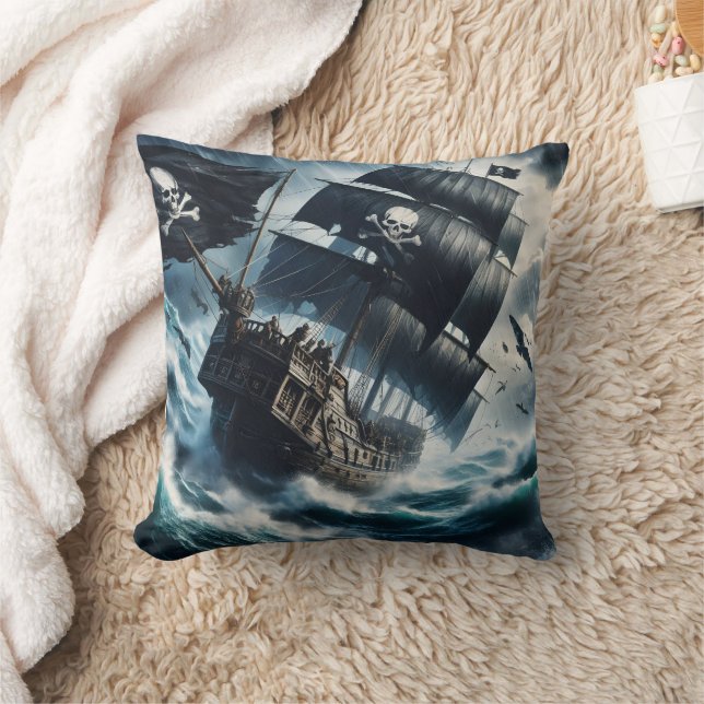 Pirate Ship Navigating Rough Seas at Dusk Throw Pillow (Blanket)