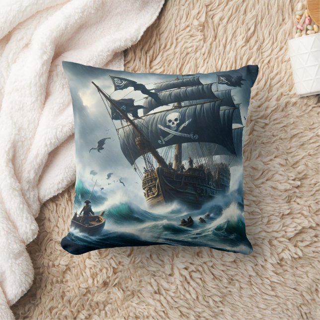 Pirate Ship Navigating Stormy Sea With Crew Throw Pillow (Blanket)