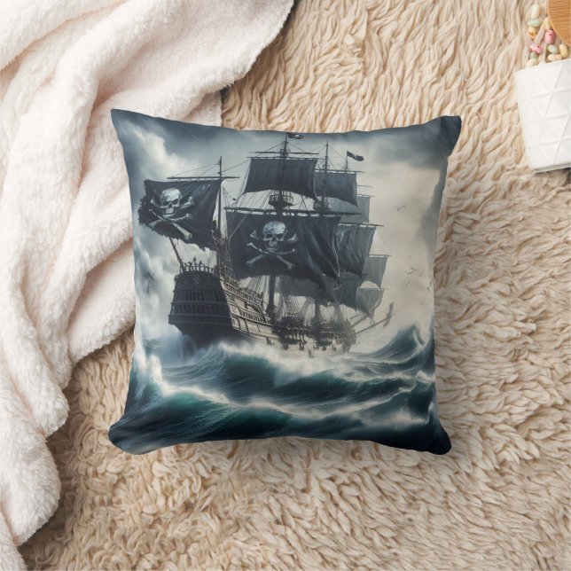 Pirate Ship Navigating Stormy Seas at Dusk Throw Pillow (Blanket)