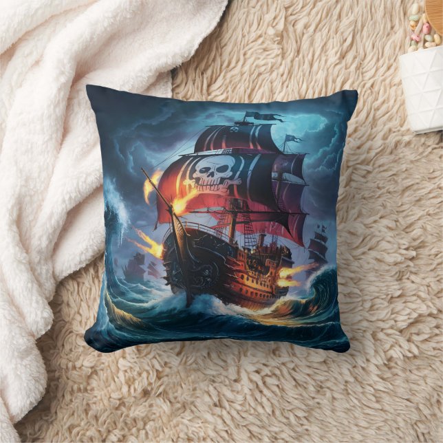 Pirate Ship Navigating Stormy Seas at Night Throw Pillow (Blanket)