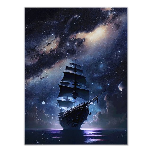 Pirate Ship on the Sea under the night Sky Photo Print (Front)