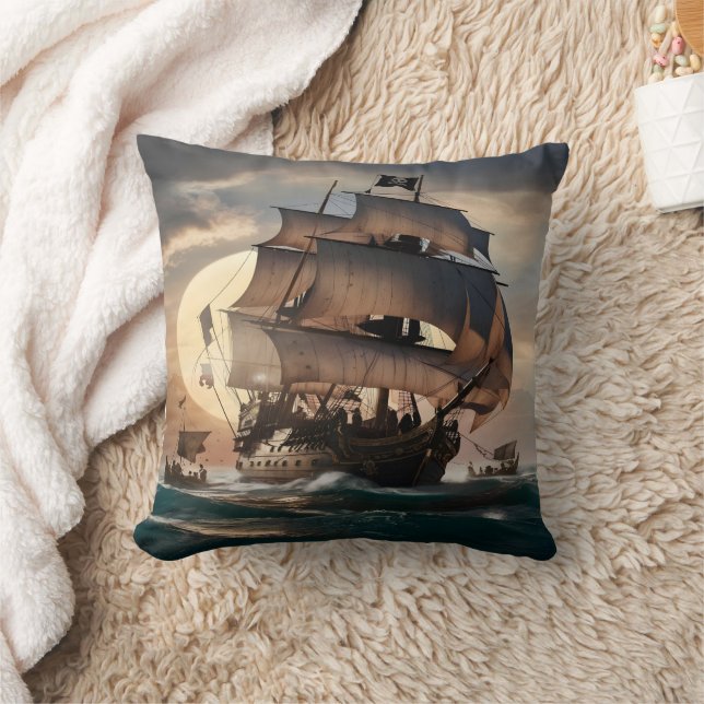 Pirate Ship Sailing at Dusk With Rolling Waves Throw Pillow (Blanket)