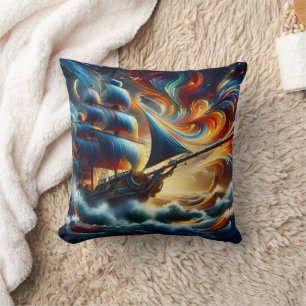 Pirate Ship Sailing Colourful Waves Throw Pillow