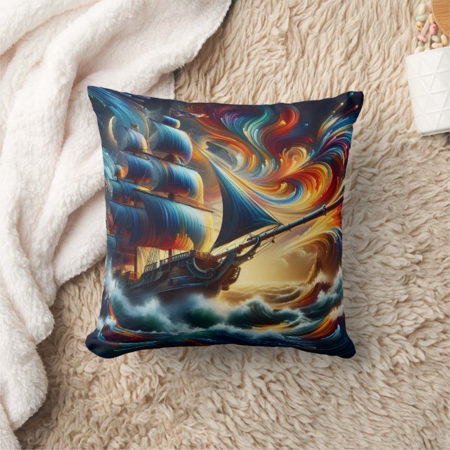 Pirate Ship Sailing Colourful Waves Throw Pillow (Blanket)