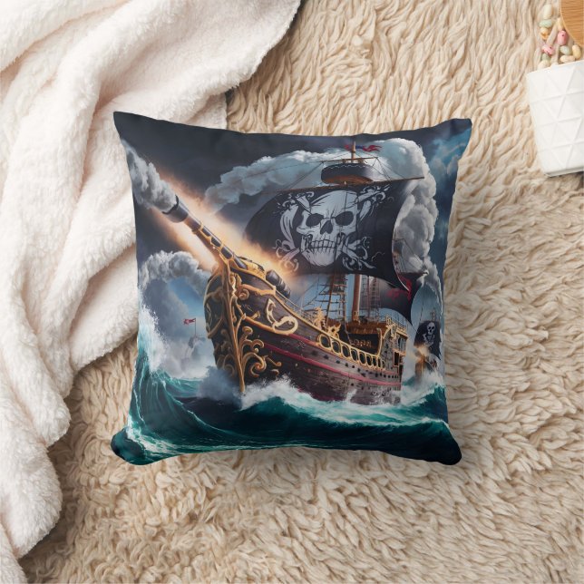 Pirate Ship Sailing Through Stormy Seas at Dusk Throw Pillow (Blanket)