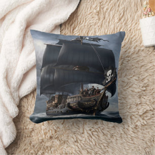 Pirate Ship Sailing Through Stormy Seas at Dusk Throw Pillow