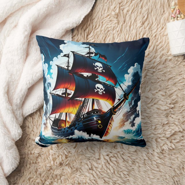Pirate Ship Sailing Through Stormy Seas at Dusk Throw Pillow (Blanket)