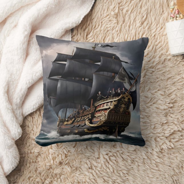 Pirate Ship Sailing Through Stormy Seas at Dusk Throw Pillow (Blanket)