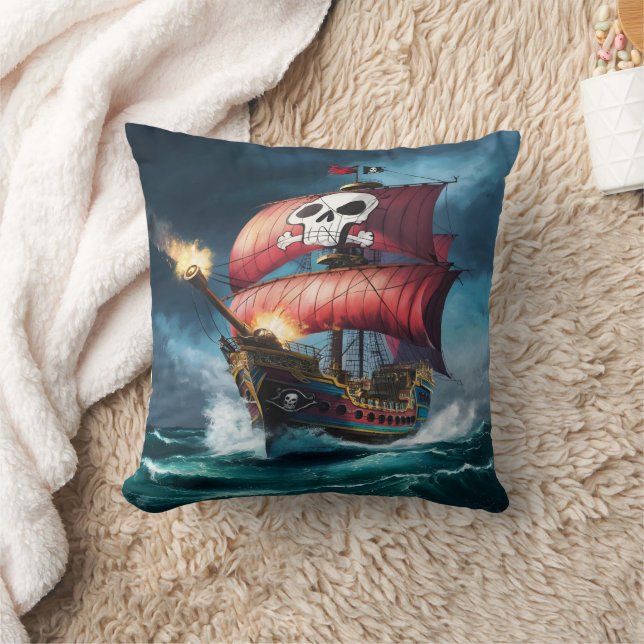 Pirate Ship Sailing Through Stormy Seas at Dusk Throw Pillow (Blanket)
