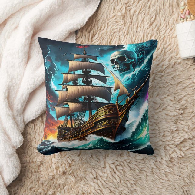 Pirate Ship Sailing Through Stormy Seas at Dusk Throw Pillow (Blanket)