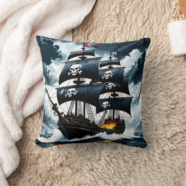 Pirate Ship Sailing Through Stormy Seas at Dusk Throw Pillow (Blanket)