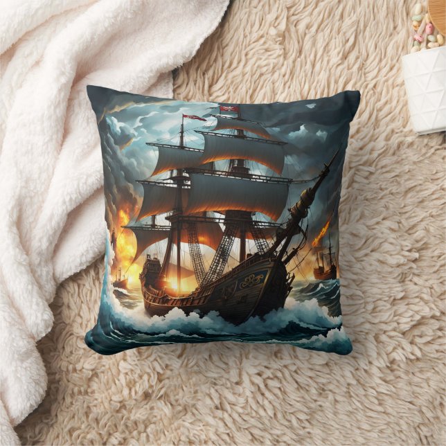 Pirate Ship Sailing Through Stormy Seas at Dusk Throw Pillow (Blanket)