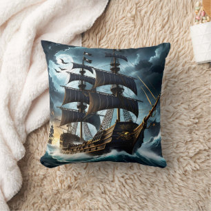Pirate Ship Sailing Through Stormy Seas at Night Throw Pillow