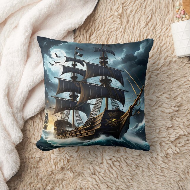 Pirate Ship Sailing Through Stormy Seas at Night Throw Pillow (Blanket)