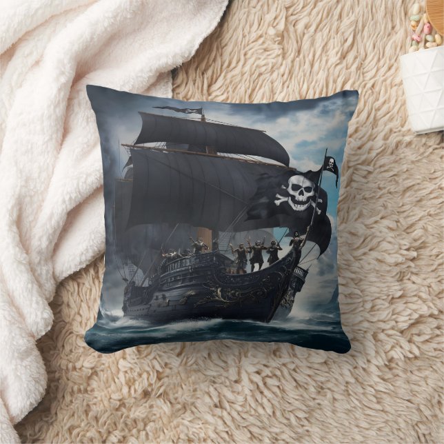 Pirate Ship Sailing Through Stormy Waters at Dusk Throw Pillow (Blanket)