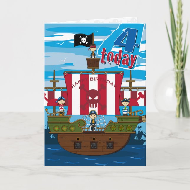 Pirate Ship Scene 4th Birthday Card (Front)