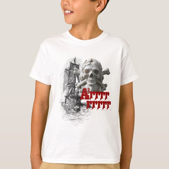 Pirate Ship & Skeleton Skull & Bones Kids T-Shirt (Front)