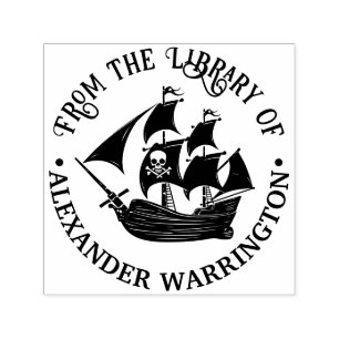 Pirate Ship Skull Crossbones Library Book Name Self-inking Stamp